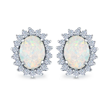 Halo Oval Stud Earrings Lab Created White Opal Simulated CZ 925 Sterling Silver (13mm)